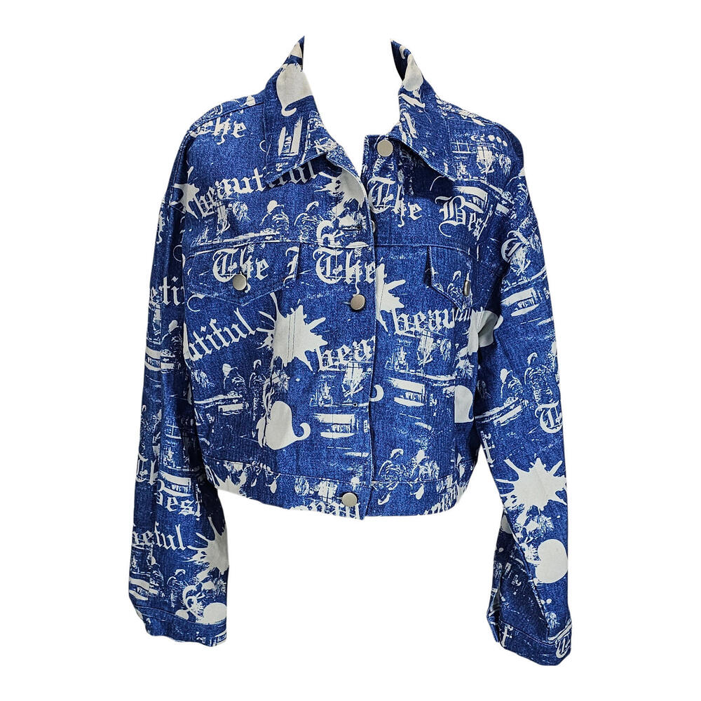 Shein Retro Cool Blue Newspaper Print Denim Jacket/XL